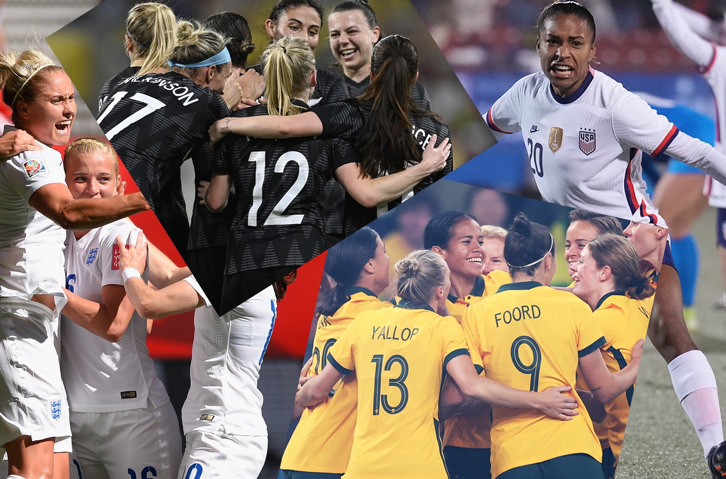 A collage of top FIFA teams NZ, Australia, England and USA.